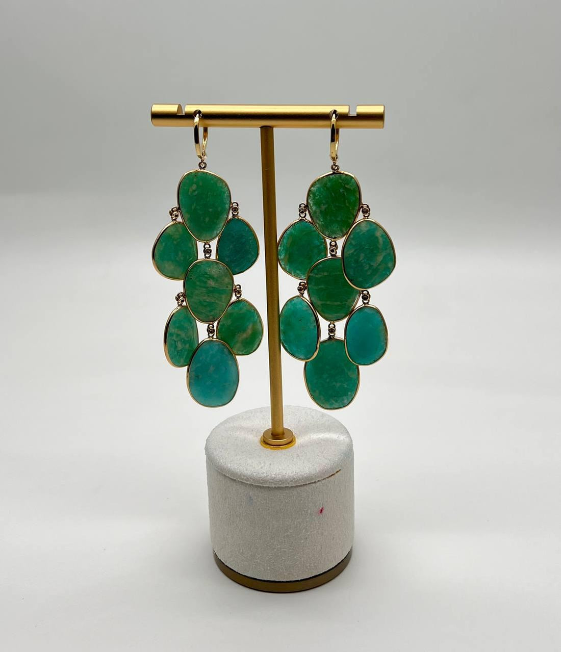 Green Blue Amazonite Free Shape Diamonds 14K Gold Dangling Chandelier Earrings