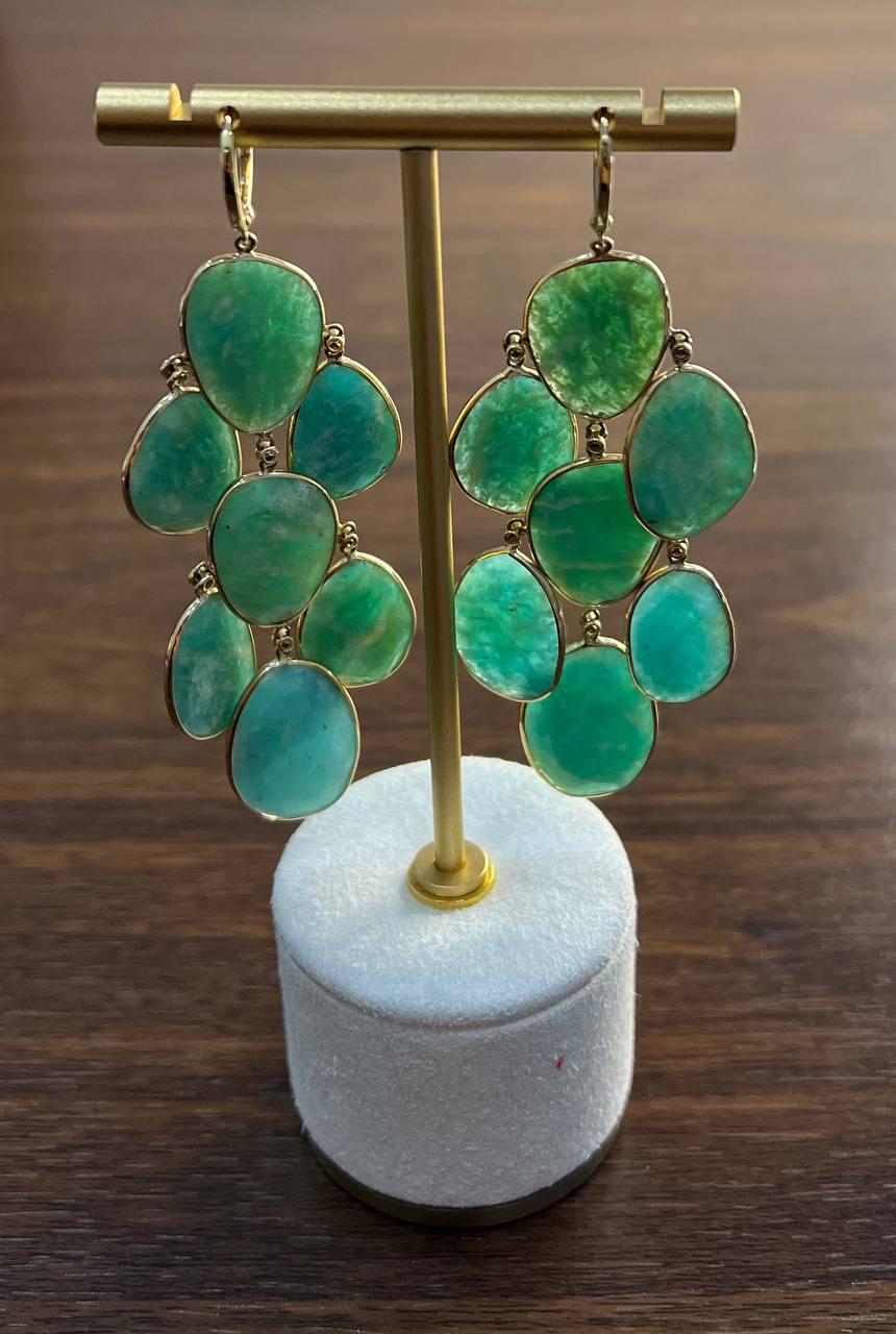 Green Blue Amazonite Free Shape Diamonds 14K Gold Dangling Chandelier Earrings