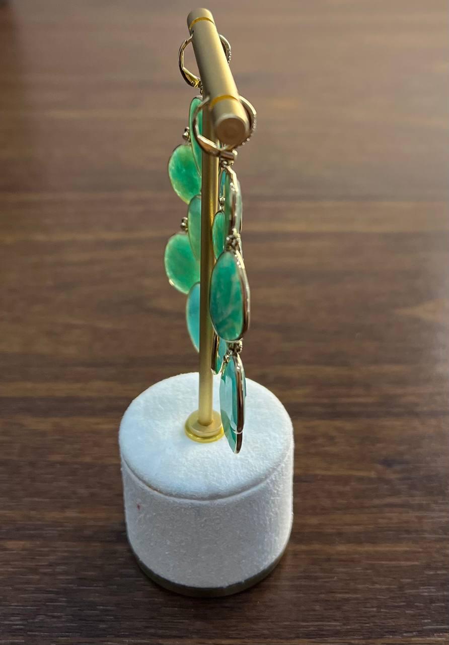 Green Blue Amazonite Free Shape Diamonds 14K Gold Dangling Chandelier Earrings