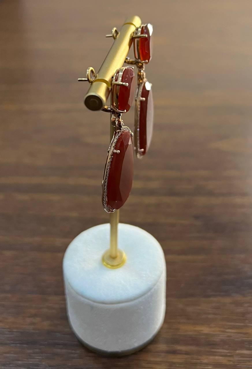 Red Orange Carnelian Diamonds Halo 14K Yellow Gold Statement Drop Earrings