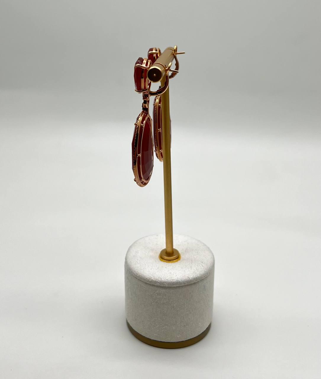 Red Orange Carnelian Diamonds Halo 14K Yellow Gold Statement Drop Earrings