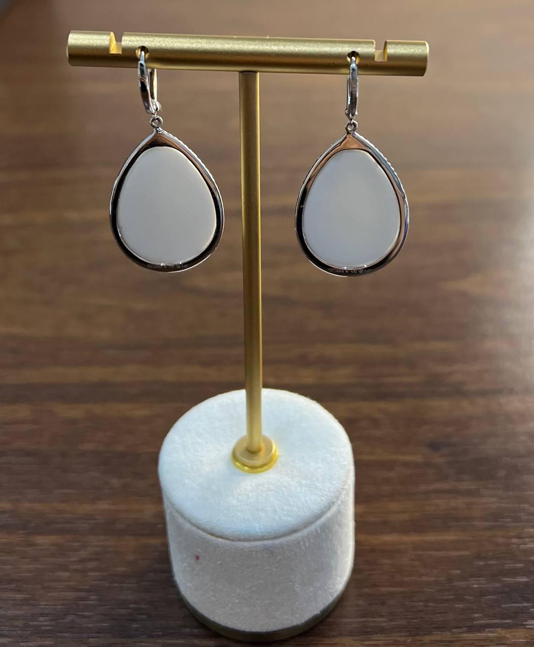Pear Teardrop Shape White Cloud Agate 14K White Gold Drop Diamonds Halo Earrings