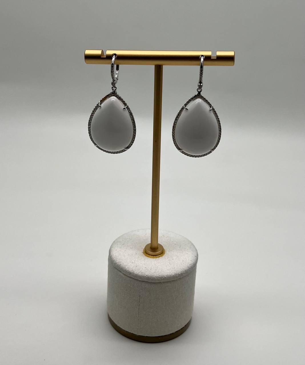 Pear Teardrop Shape White Cloud Agate 14K White Gold Drop Diamonds Halo Earrings