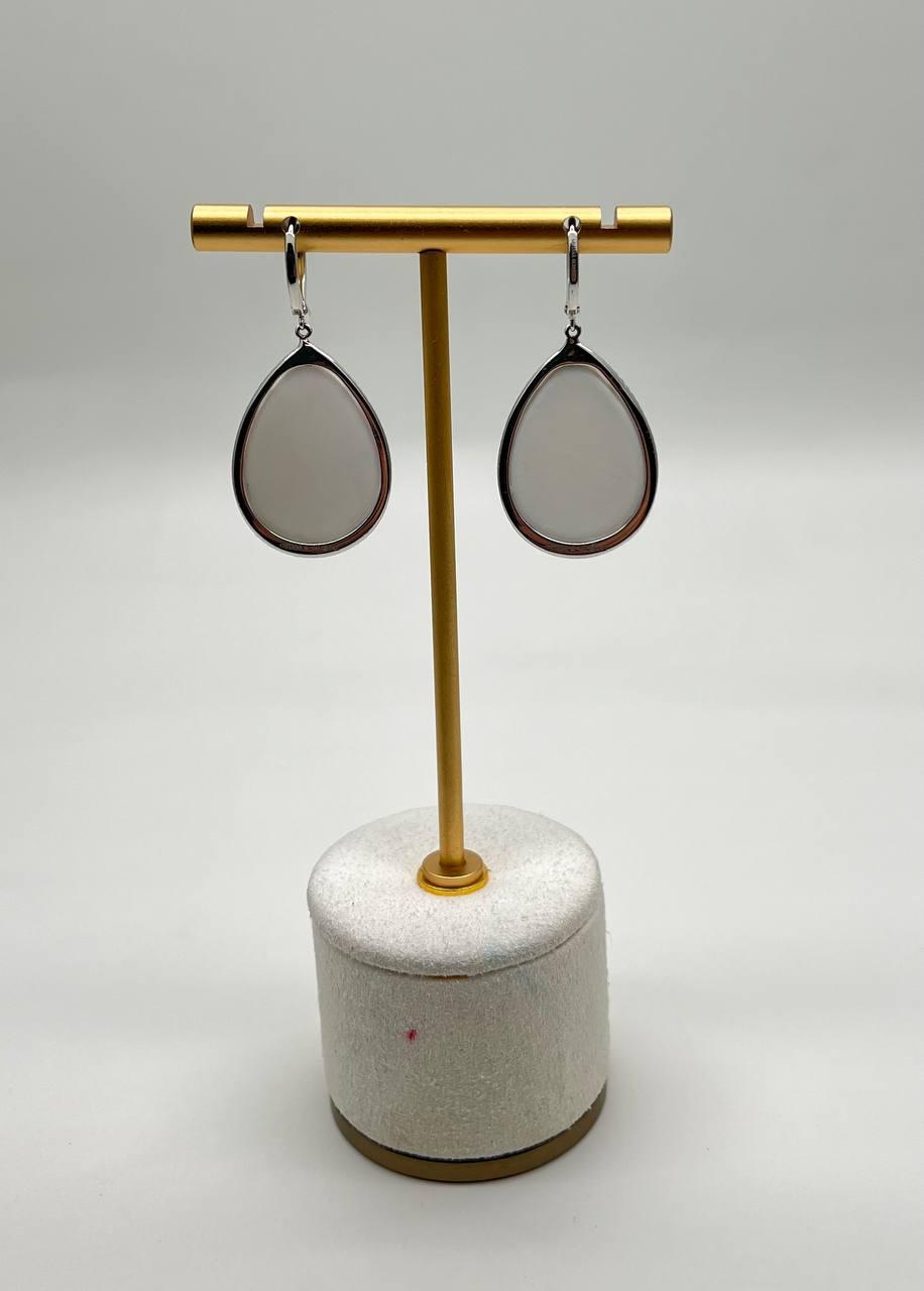 Pear Teardrop Shape White Cloud Agate 14K White Gold Drop Diamonds Halo Earrings