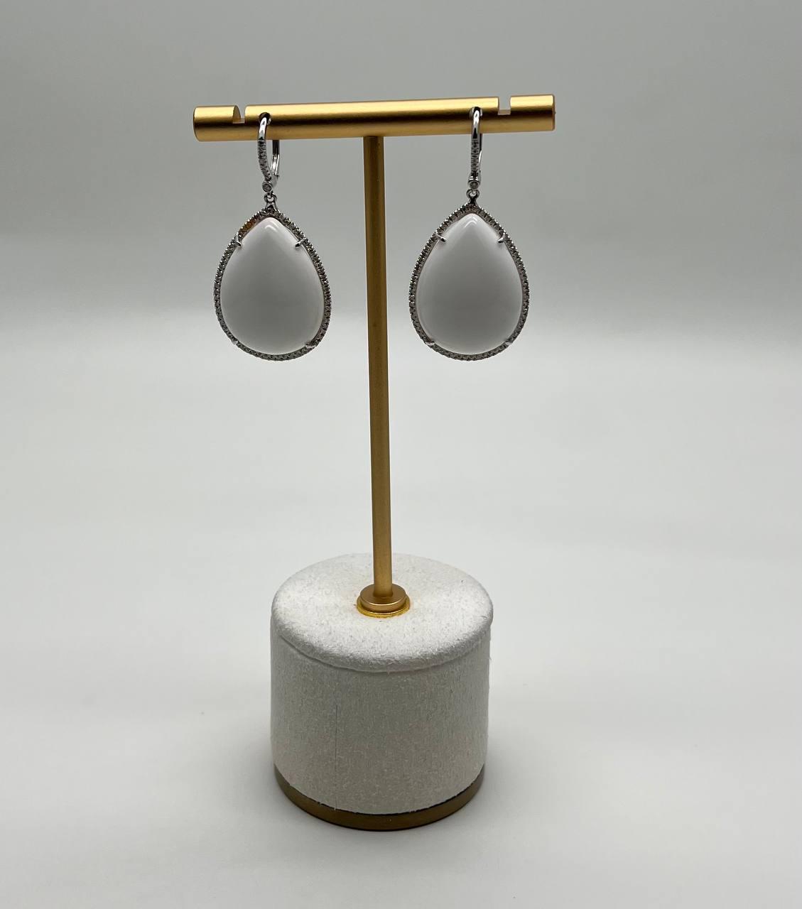 Pear Teardrop Shape White Cloud Agate 14K White Gold Drop Diamonds Halo Earrings