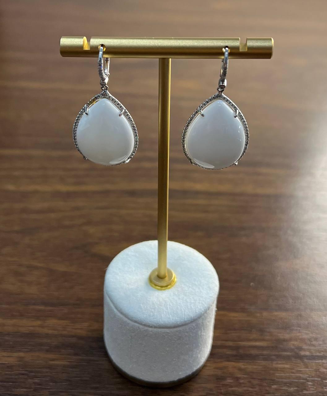 Pear Teardrop Shape White Cloud Agate 14K White Gold Drop Diamonds Halo Earrings