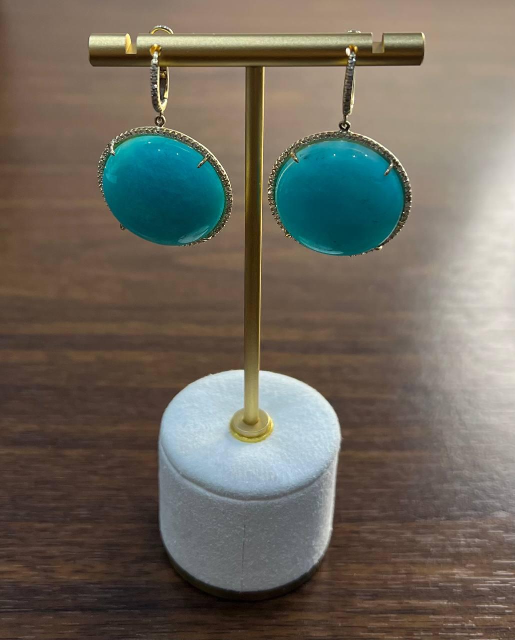 Round Teal Blue Turquoise Cabochon 14K Gold Diamond Halo Statement Drop Earrings