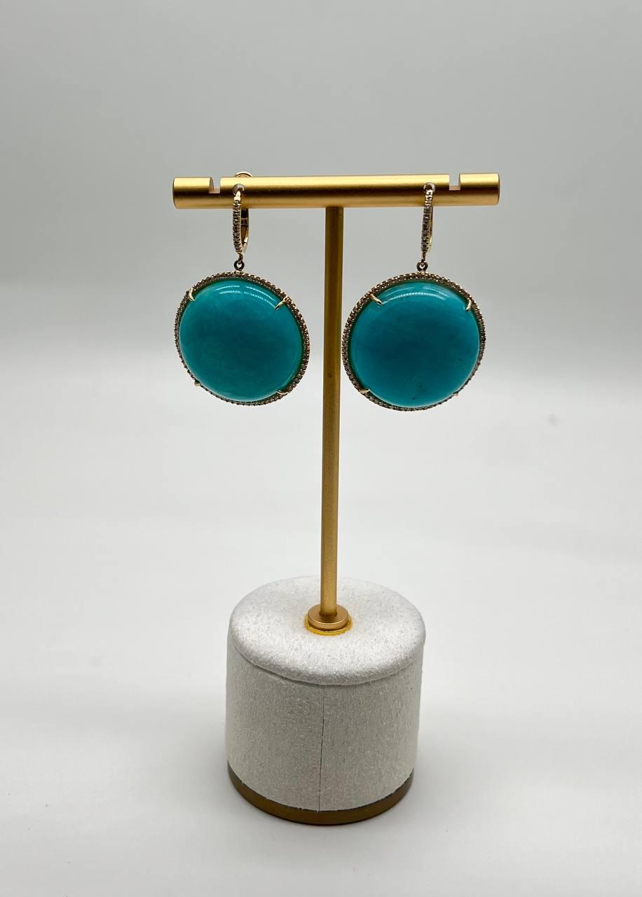 Round Teal Blue Turquoise Cabochon 14K Gold Diamond Halo Statement Drop Earrings