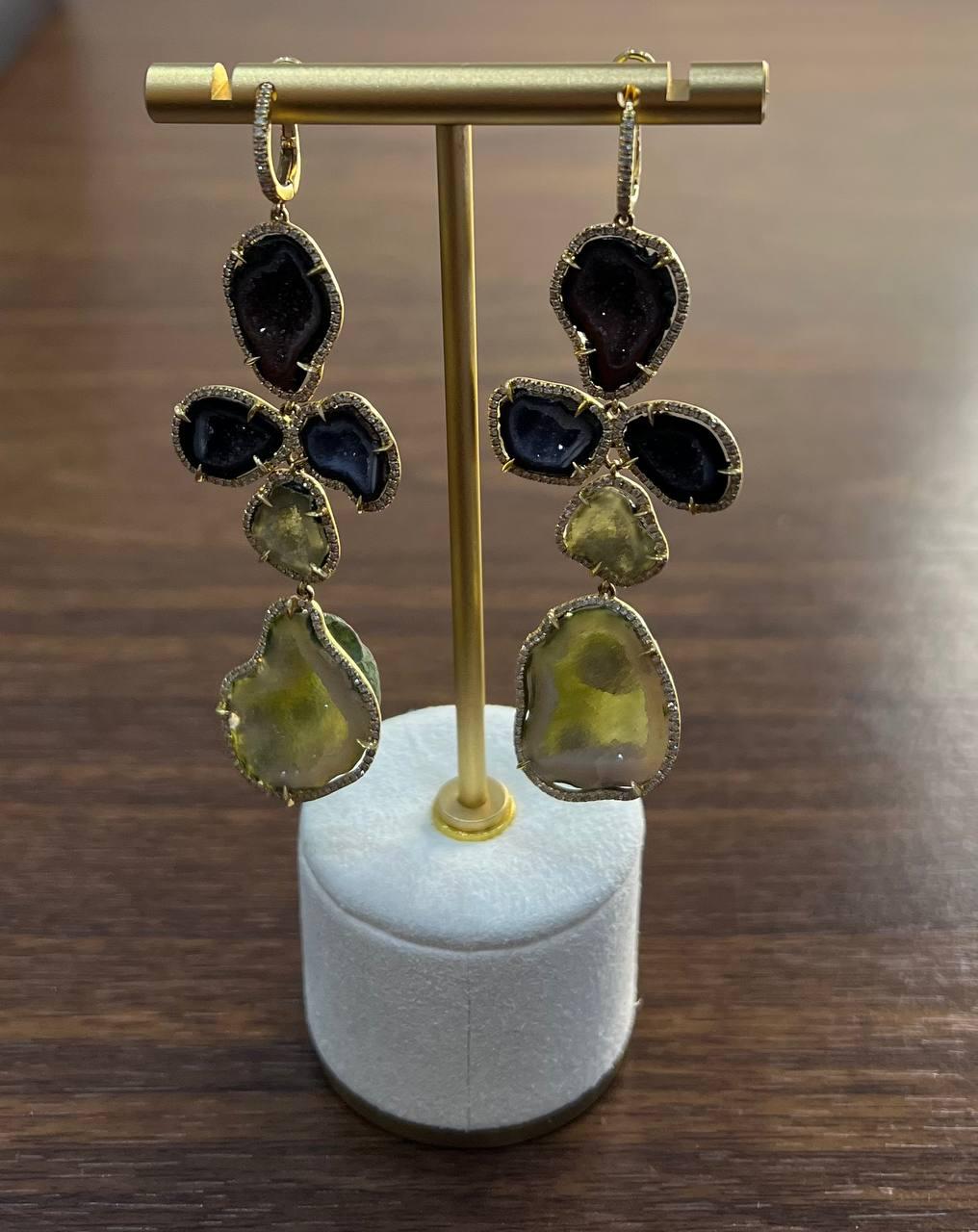 Free Shape Brown Grey Druzy Quartz Crystal Diamonds 18K Yellow Gold Earrings