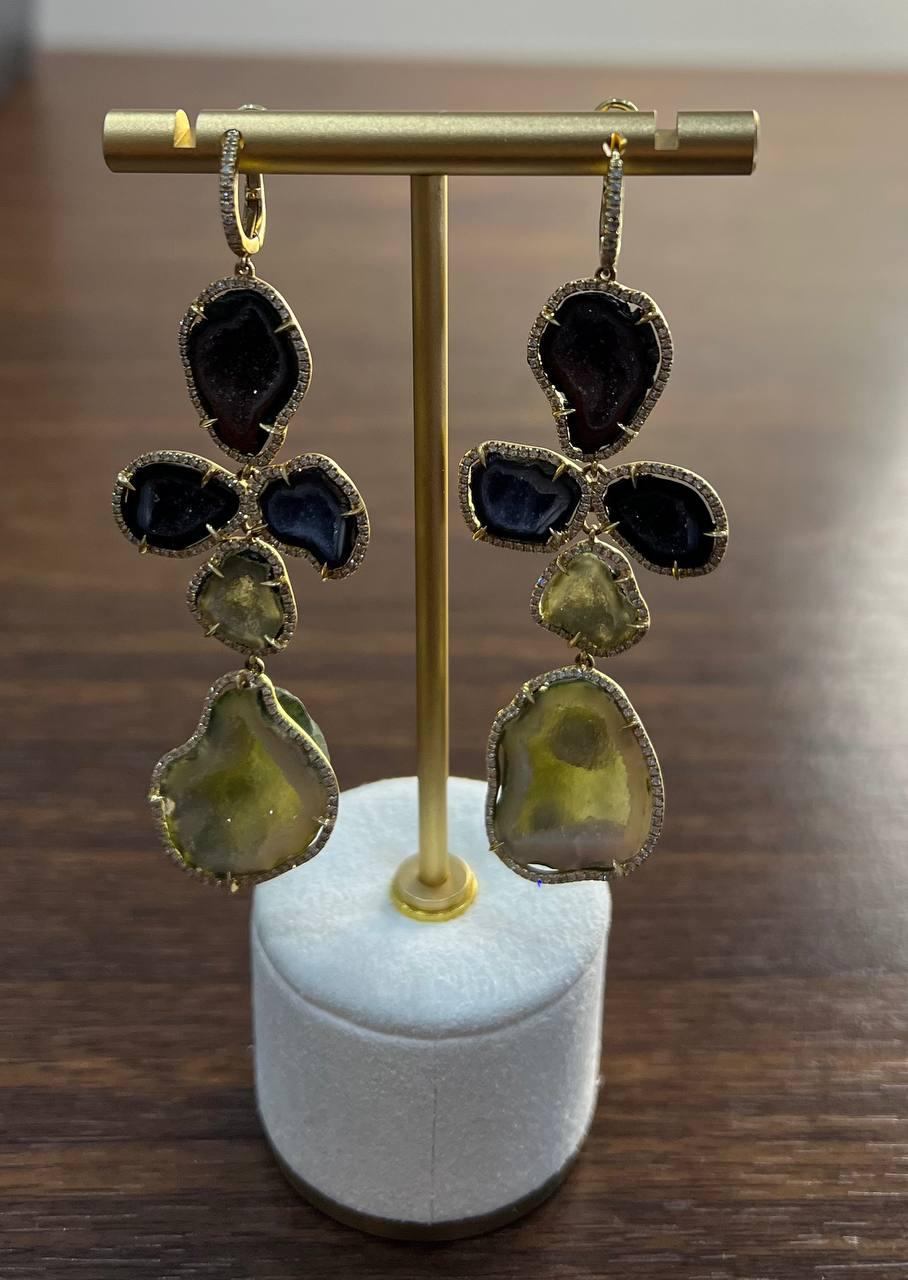 Free Shape Brown Grey Druzy Quartz Crystal Diamonds 18K Yellow Gold Earrings
