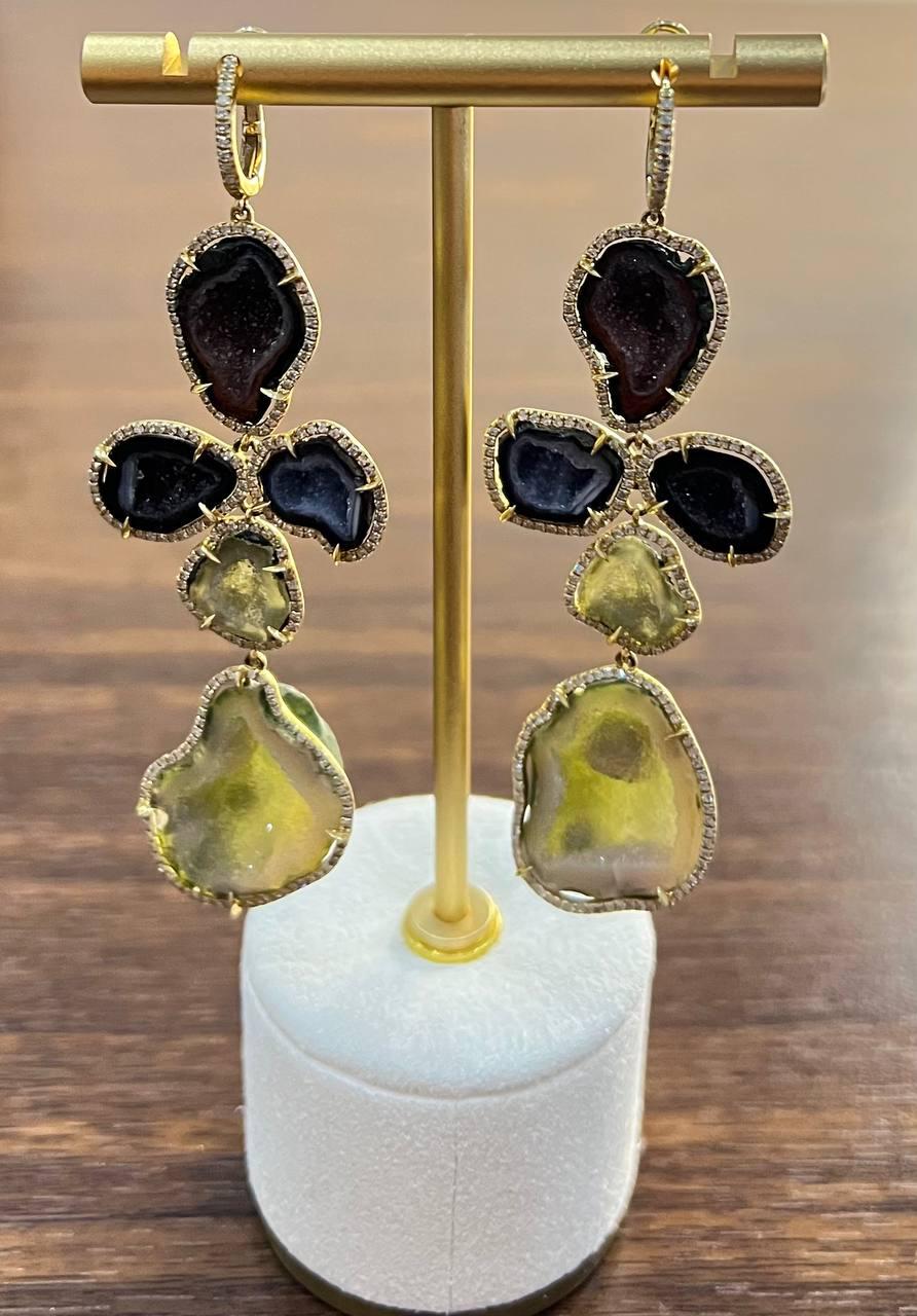 Free Shape Brown Grey Druzy Quartz Crystal Diamonds 18K Yellow Gold Earrings