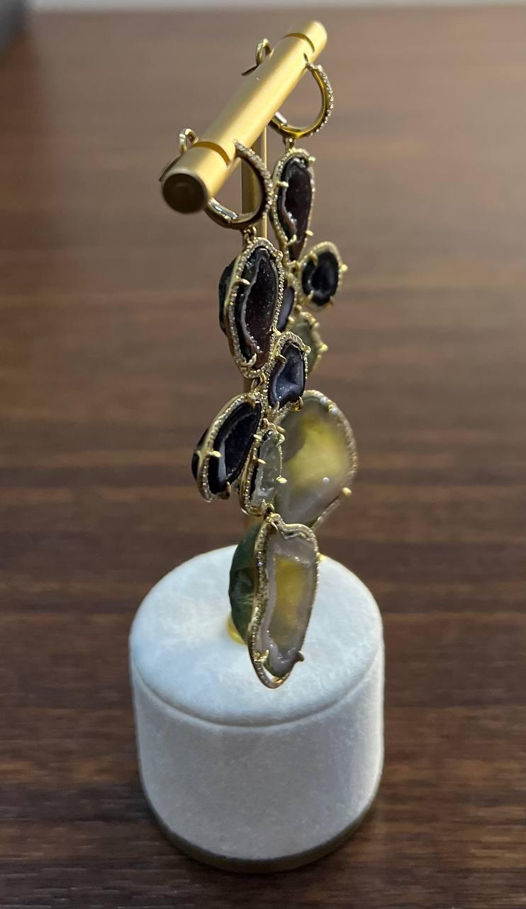 Free Shape Brown Grey Druzy Quartz Crystal Diamonds 18K Yellow Gold Earrings