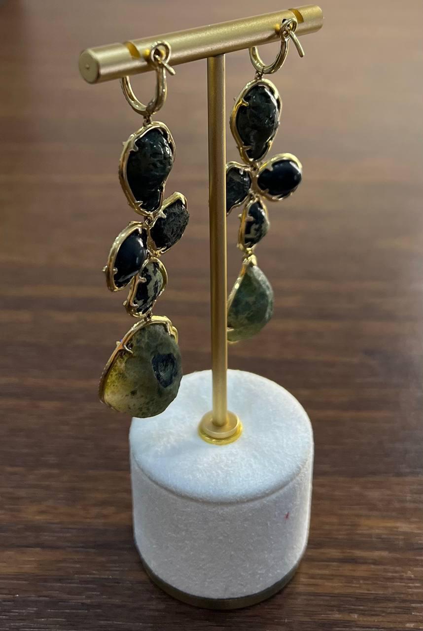 Free Shape Brown Grey Druzy Quartz Crystal Diamonds 18K Yellow Gold Earrings