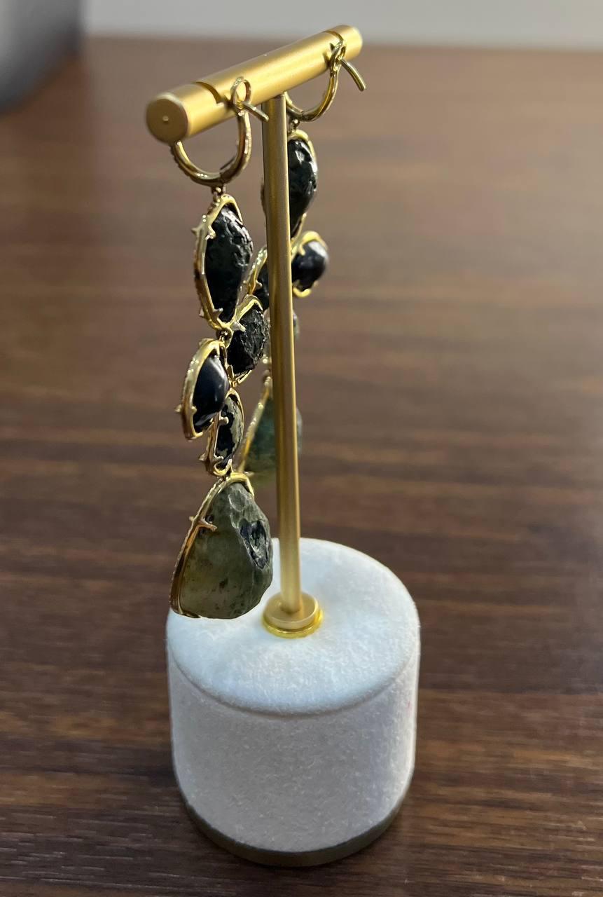 Free Shape Brown Grey Druzy Quartz Crystal Diamonds 18K Yellow Gold Earrings