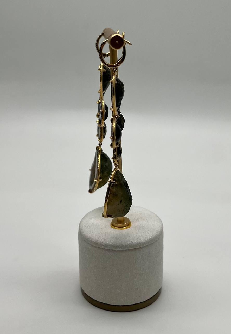 Free Shape Brown Grey Druzy Quartz Crystal Diamonds 18K Yellow Gold Earrings