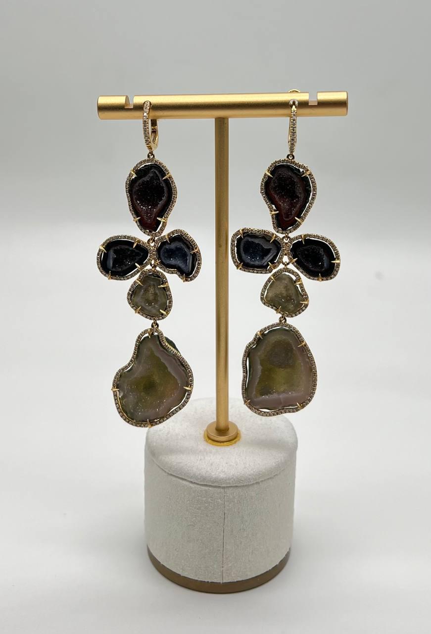 Free Shape Brown Grey Druzy Quartz Crystal Diamonds 18K Yellow Gold Earrings