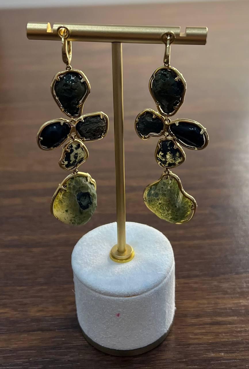 Free Shape Brown Grey Druzy Quartz Crystal Diamonds 18K Yellow Gold Earrings