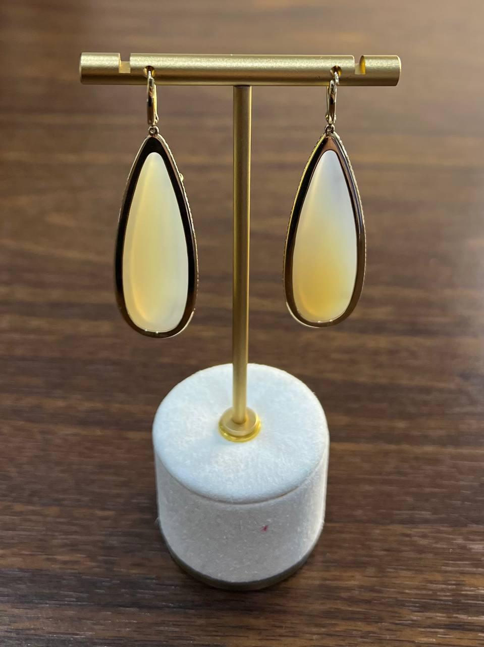 Pear Teardrop White Cabochon Moonstone Diamonds Halo 14K Gold Statement Earrings