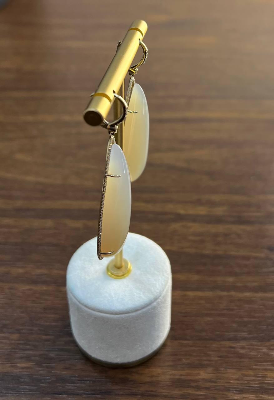 Pear Teardrop White Cabochon Moonstone Diamonds Halo 14K Gold Statement Earrings