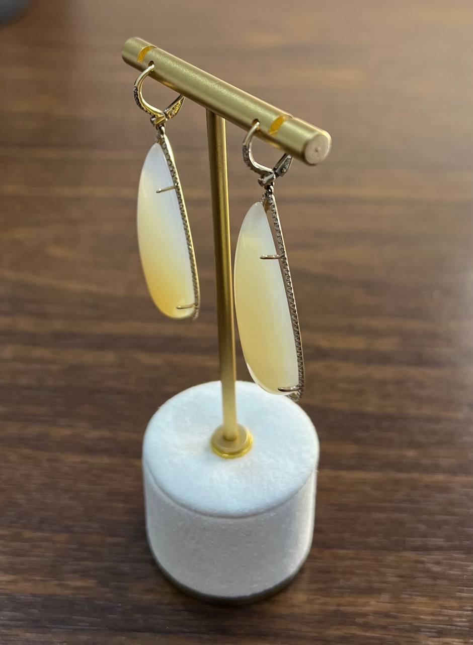 Pear Teardrop White Cabochon Moonstone Diamonds Halo 14K Gold Statement Earrings