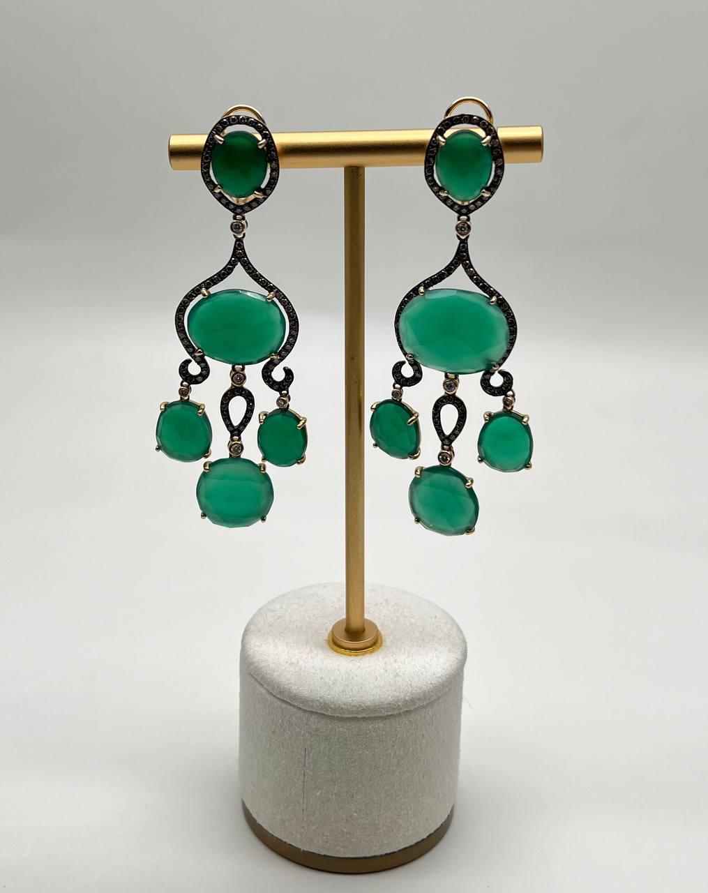 Dark Green Agate Brown Champagne Diamond Halo 14K Gold Statement Drop Earrings