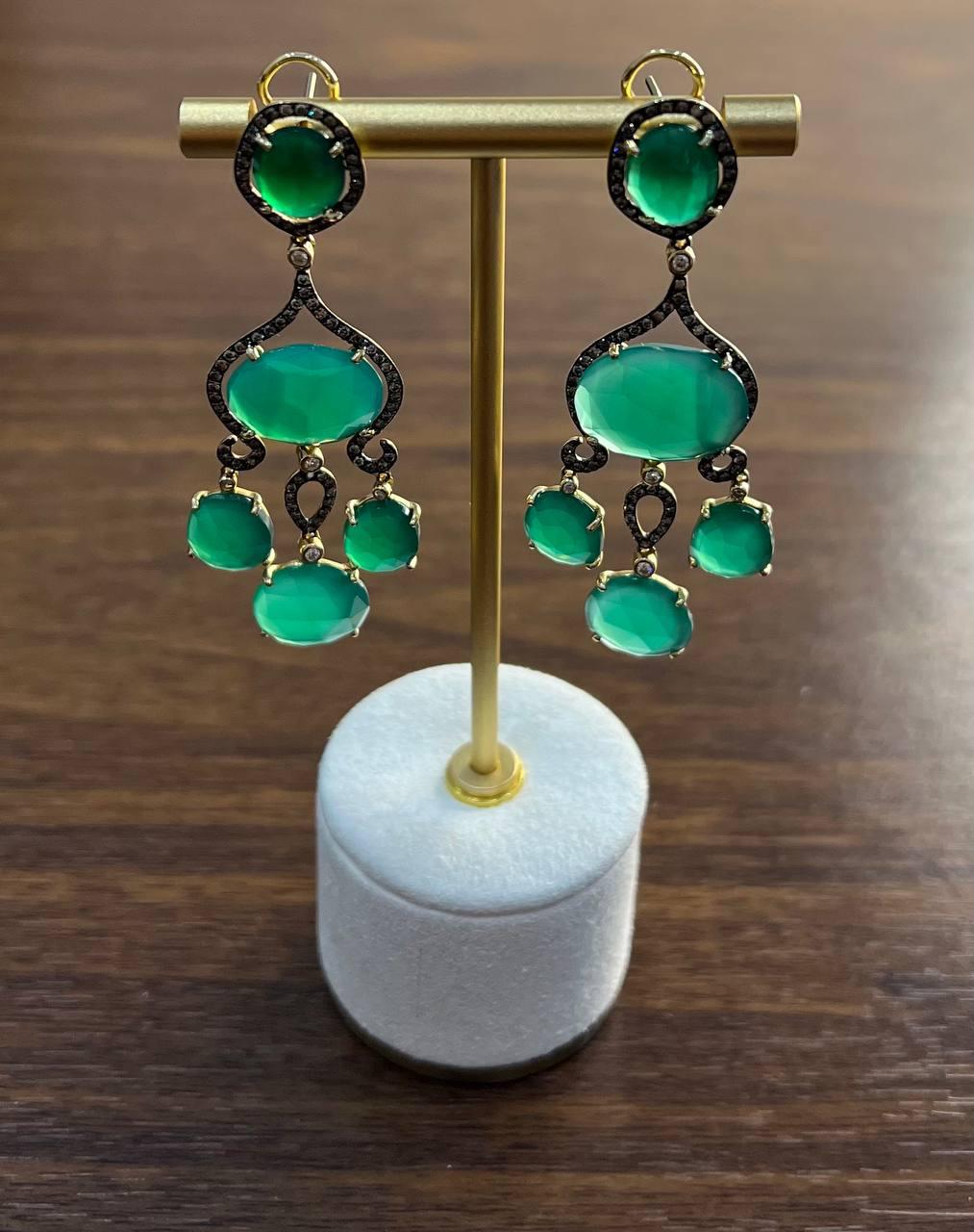 Dark Green Agate Brown Champagne Diamond Halo 14K Gold Statement Drop Earrings