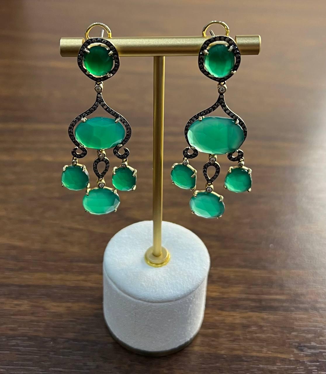 Dark Green Agate Brown Champagne Diamond Halo 14K Gold Statement Drop Earrings
