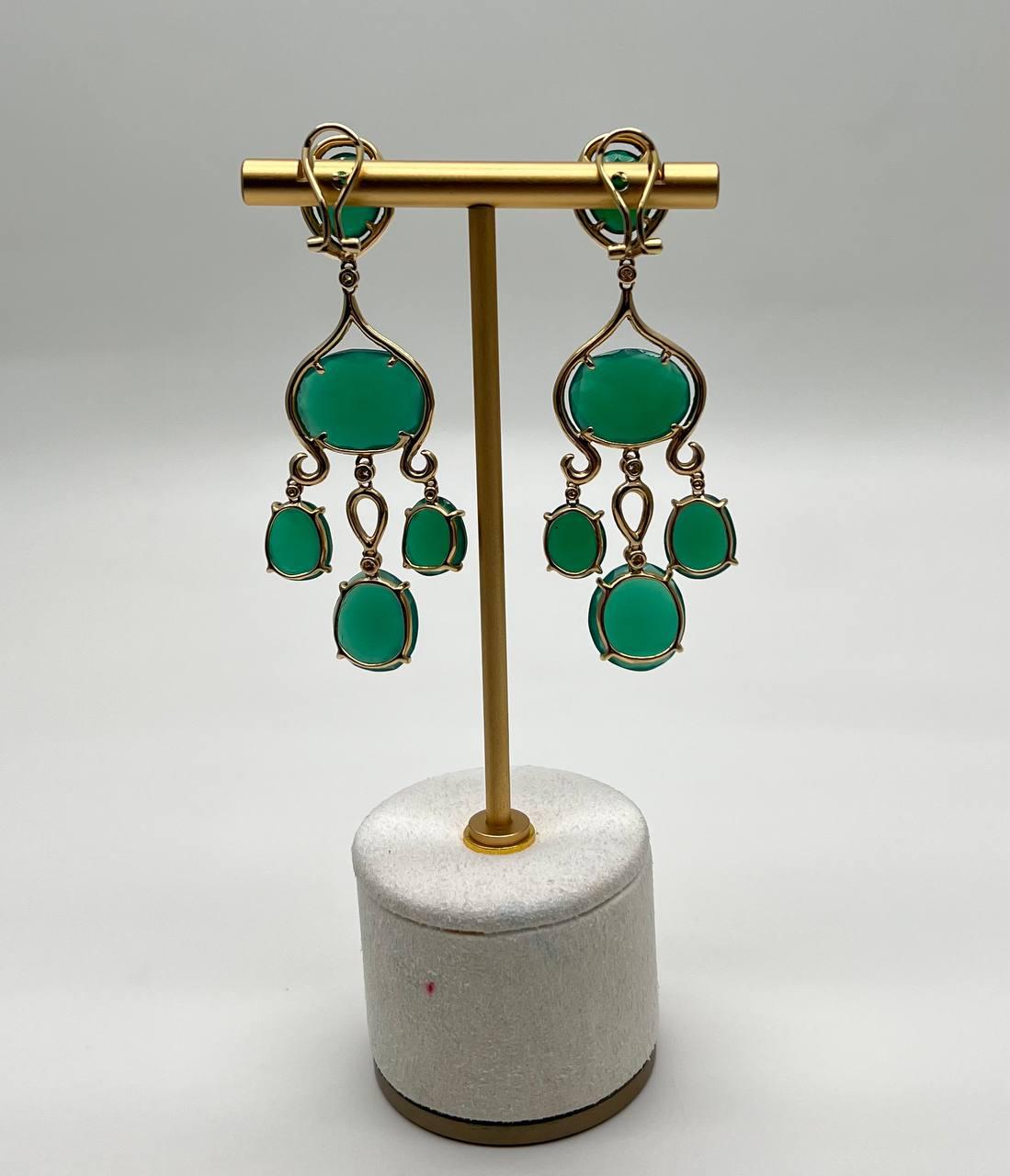 Dark Green Agate Brown Champagne Diamond Halo 14K Gold Statement Drop Earrings