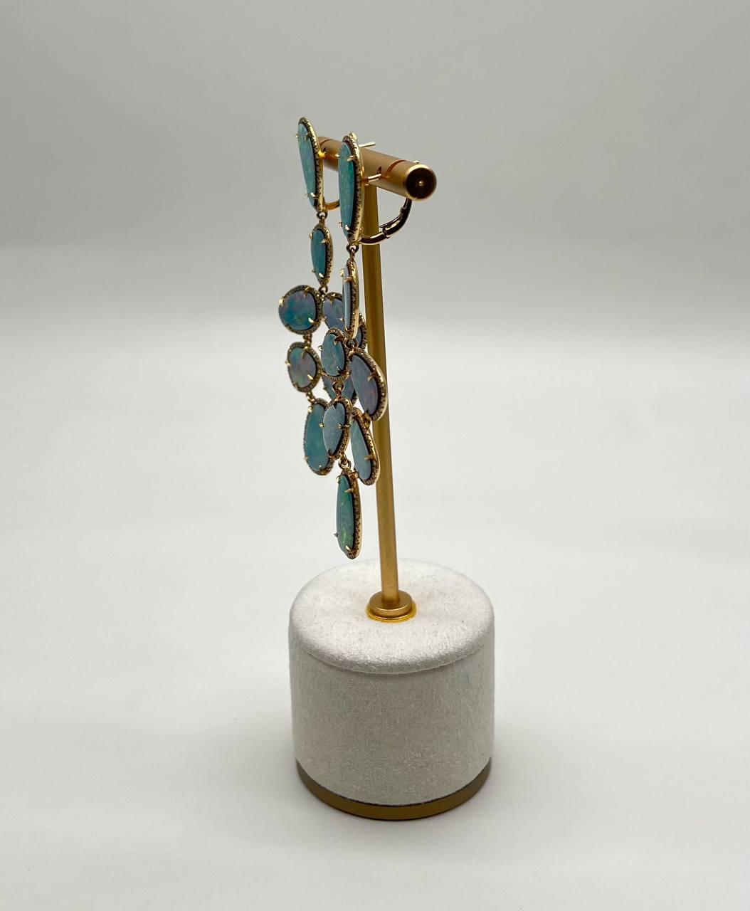 Multi Fancy Shape White Blue Boulder Opals Diamond Halo 18K Gold Drop Earrings