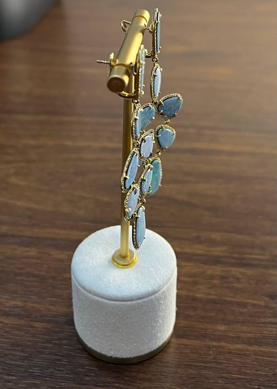 Multi Fancy Shape White Blue Boulder Opals Diamond Halo 18K Gold Drop Earrings