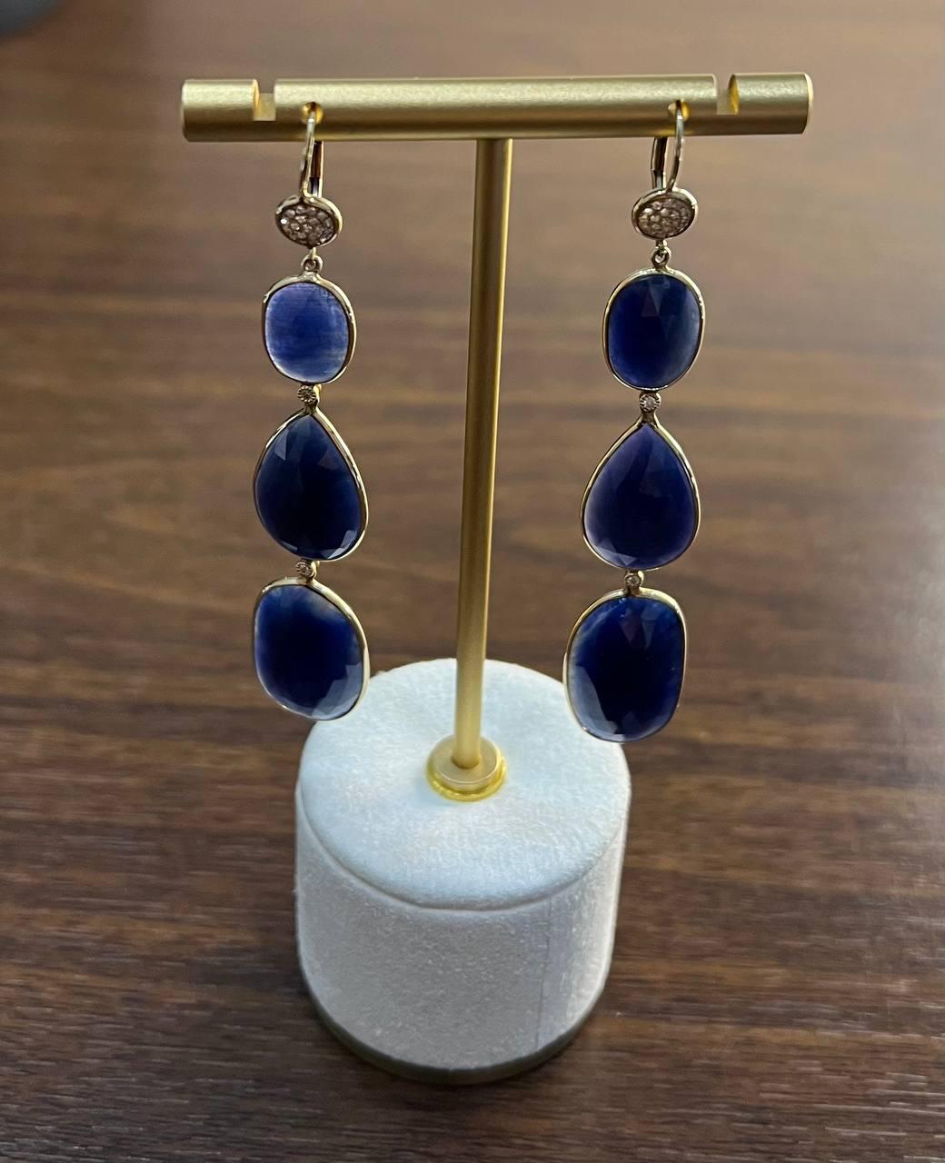 Blue Sapphire Faceted Cabochon Slices Diamonds 14K Gold Drop Statement Earrings