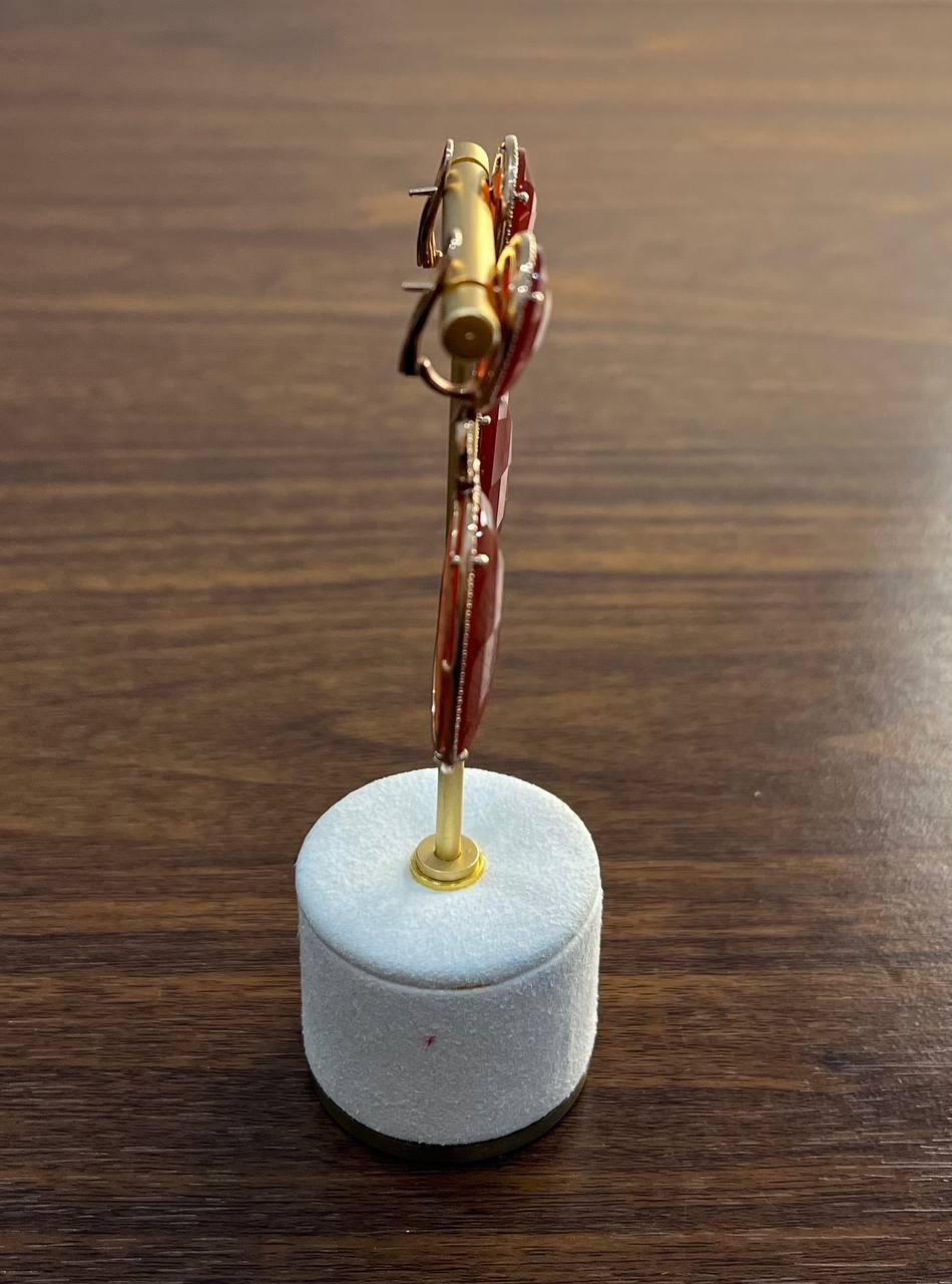 Drop Shape Orange Red Carnelian Diamond Halo 14K Yellow Gold Statement Earrings