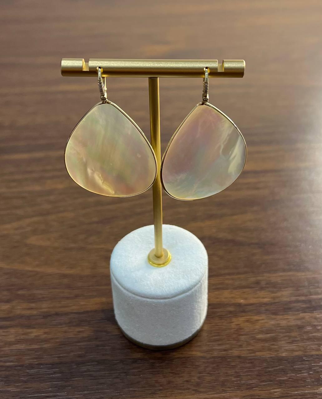 White Mother of Pearl White Diamonds Halo 14K Yellow Gold Statement Earrings