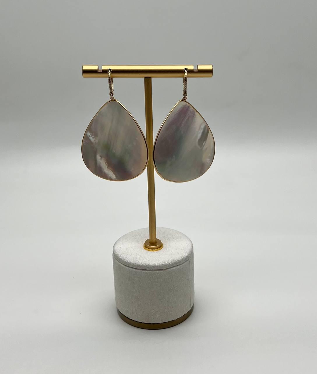 White Mother of Pearl White Diamonds Halo 14K Yellow Gold Statement Earrings