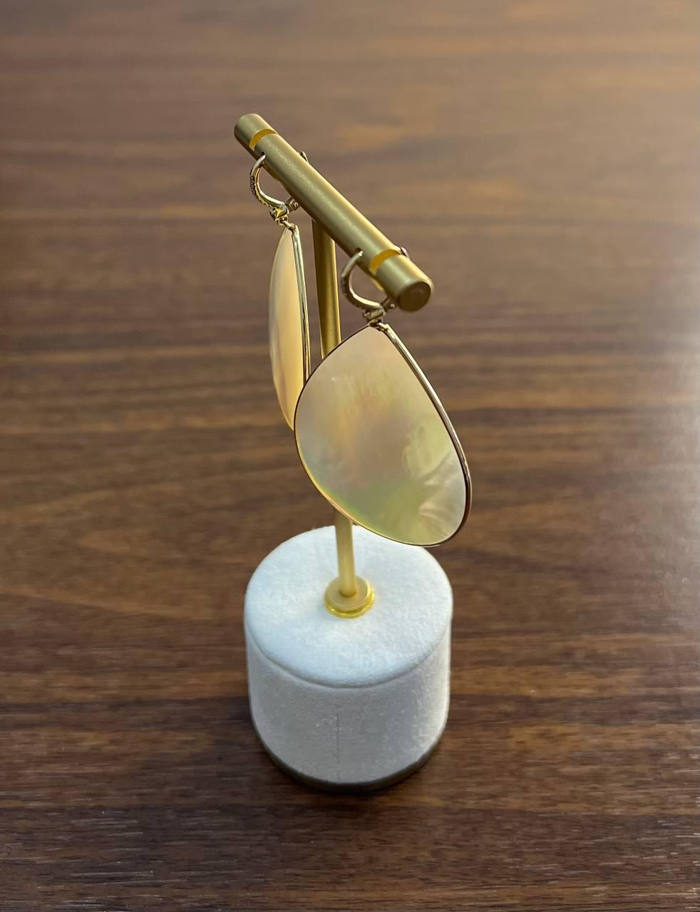 White Mother of Pearl White Diamonds Halo 14K Yellow Gold Statement Earrings