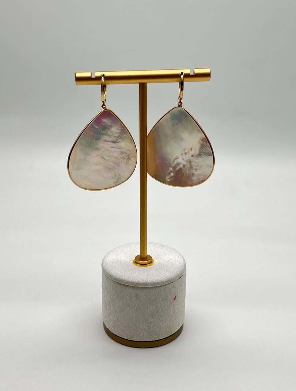 White Mother of Pearl White Diamonds Halo 14K Yellow Gold Statement Earrings