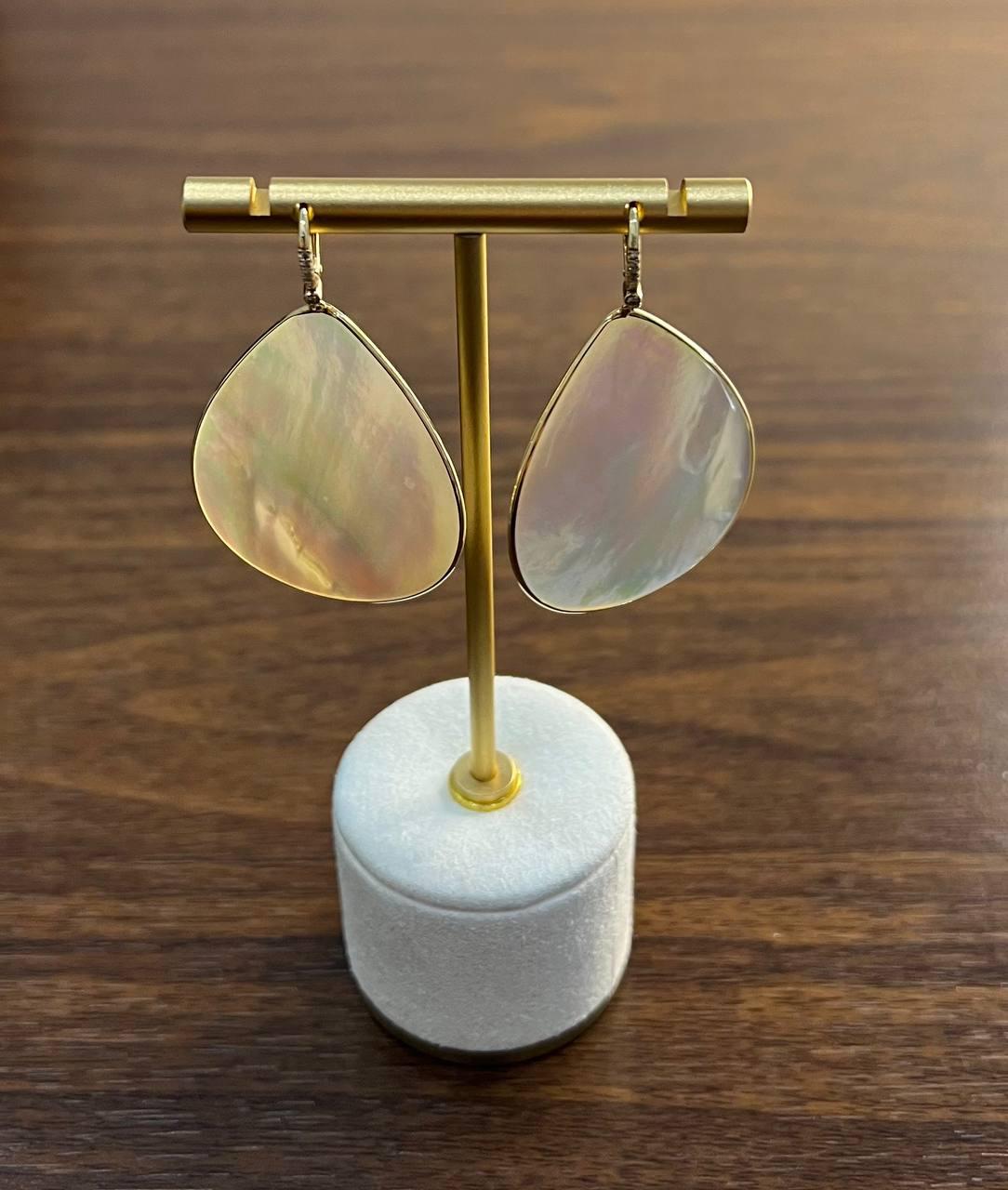 White Mother of Pearl White Diamonds Halo 14K Yellow Gold Statement Earrings