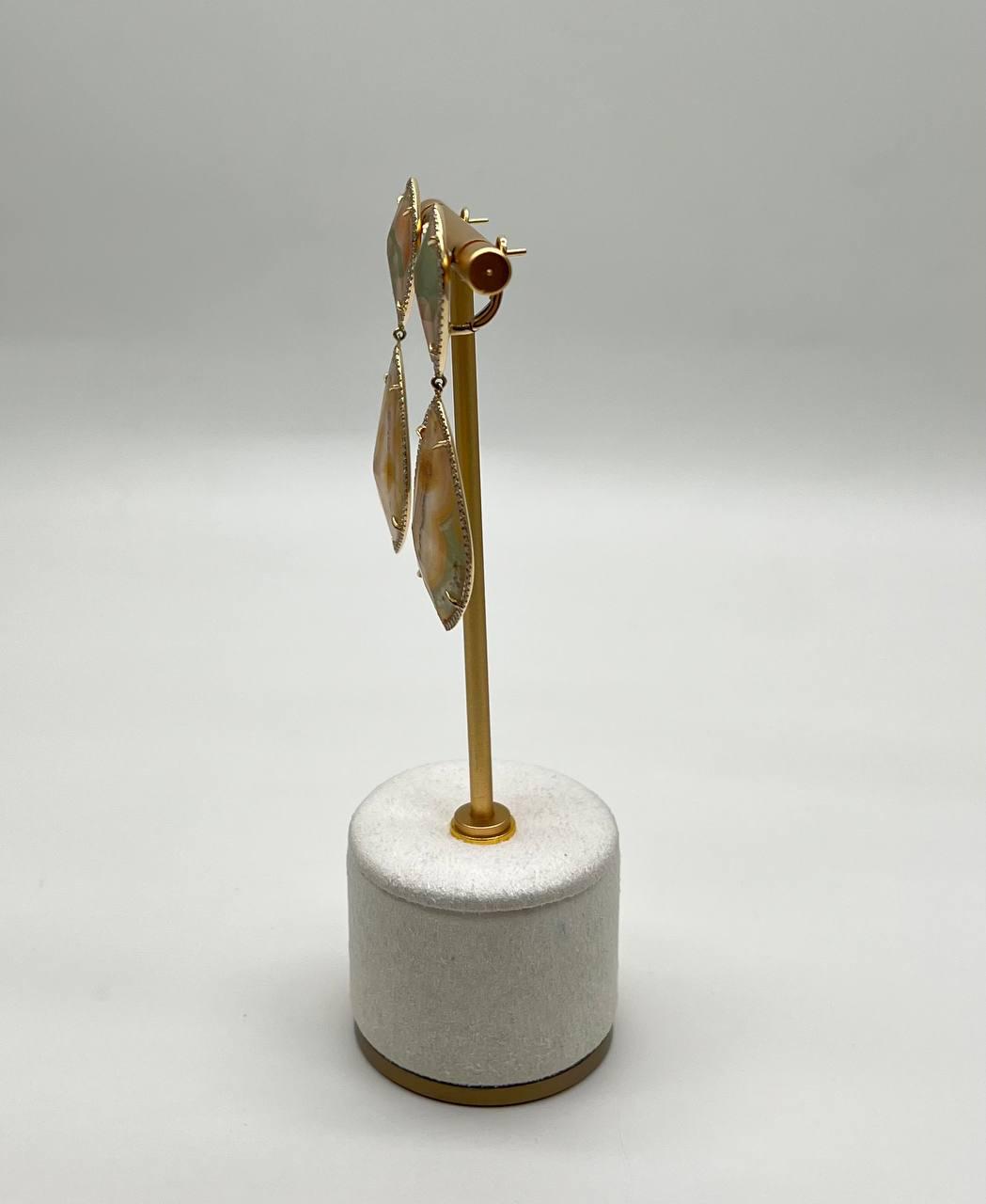 Earthy Tones Brown Green Pattern Quartz Diamond Halo 14K Gold Statement Earrings