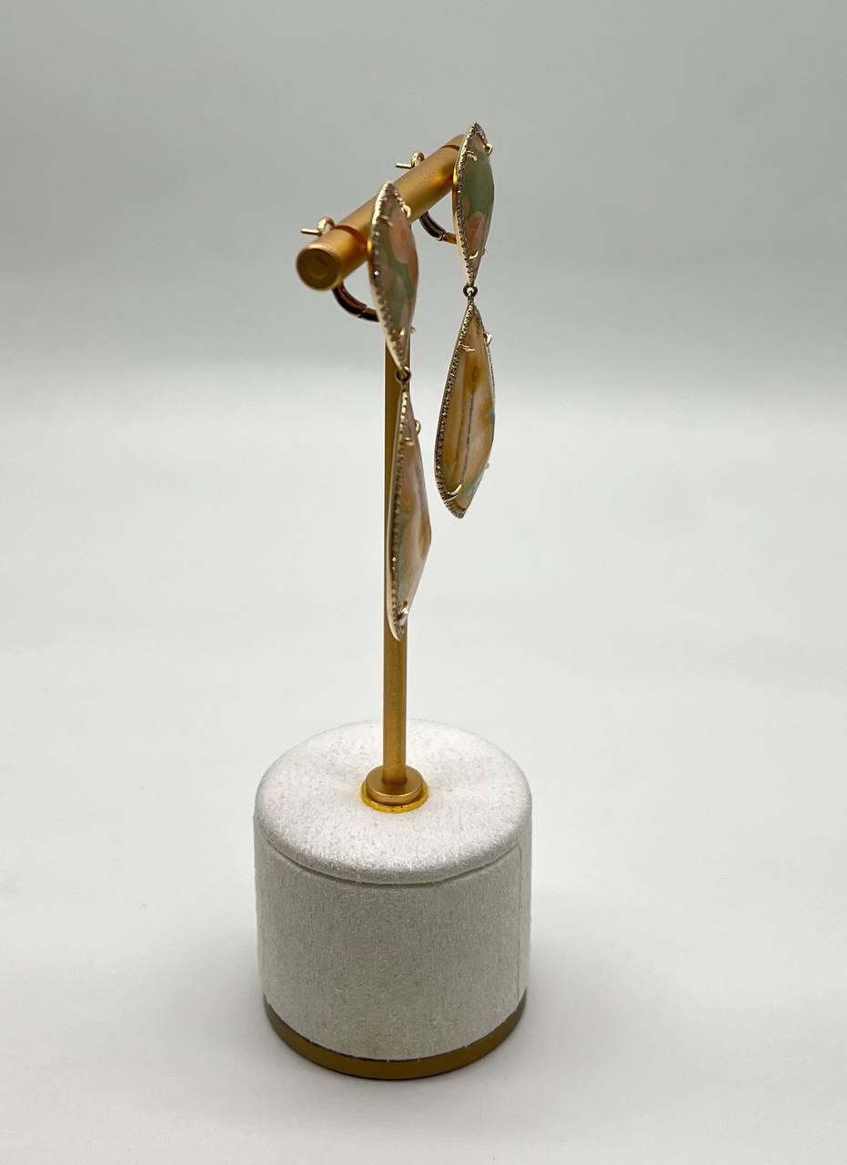 Earthy Tones Brown Green Pattern Quartz Diamond Halo 14K Gold Statement Earrings