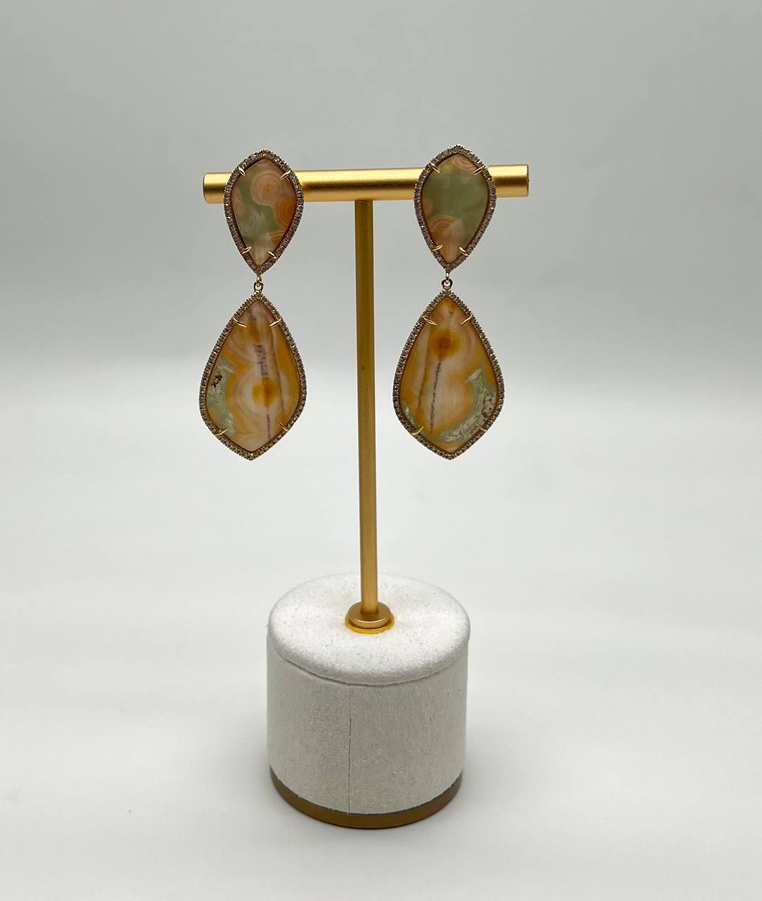 Earthy Tones Brown Green Pattern Quartz Diamond Halo 14K Gold Statement Earrings