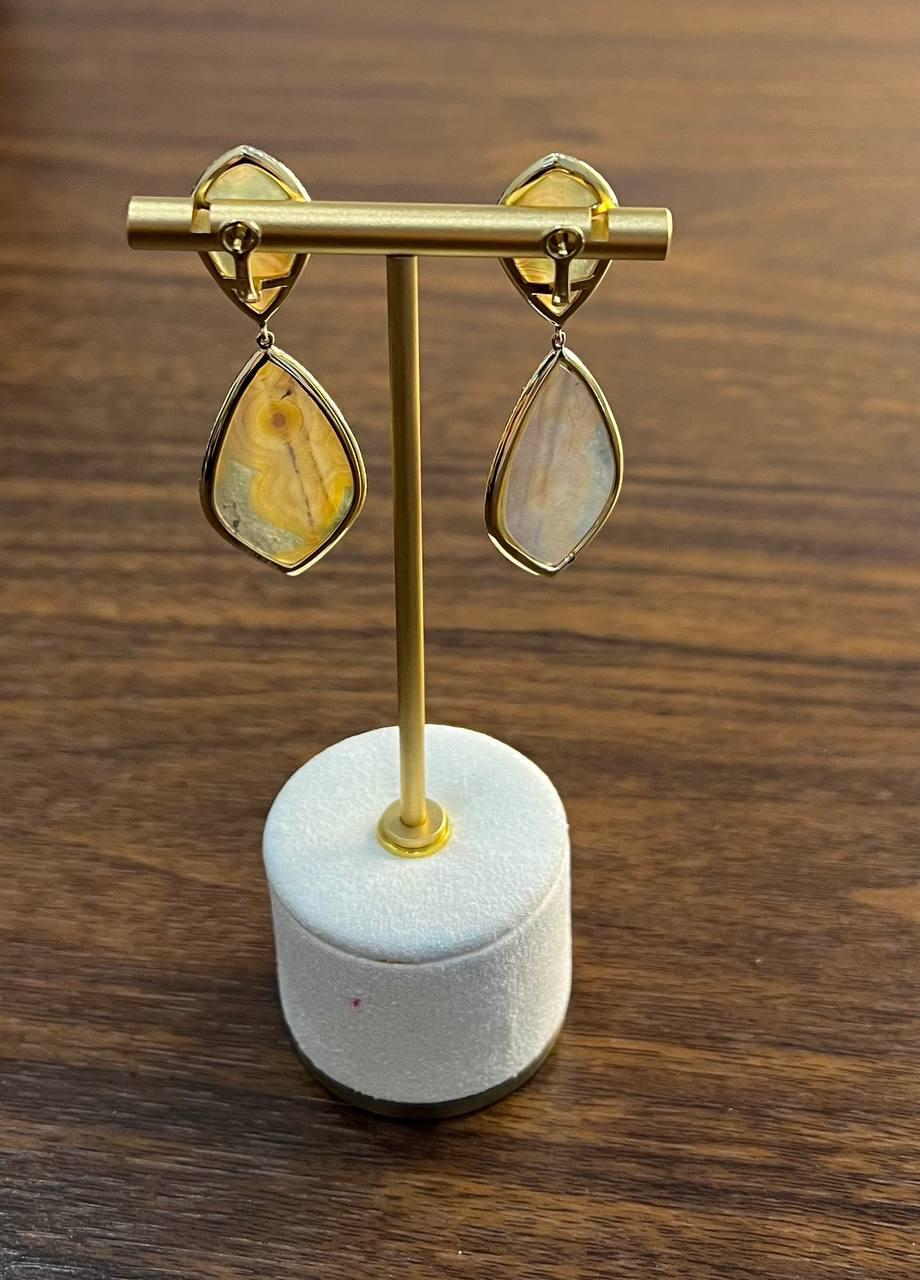 Earthy Tones Brown Green Pattern Quartz Diamond Halo 14K Gold Statement Earrings