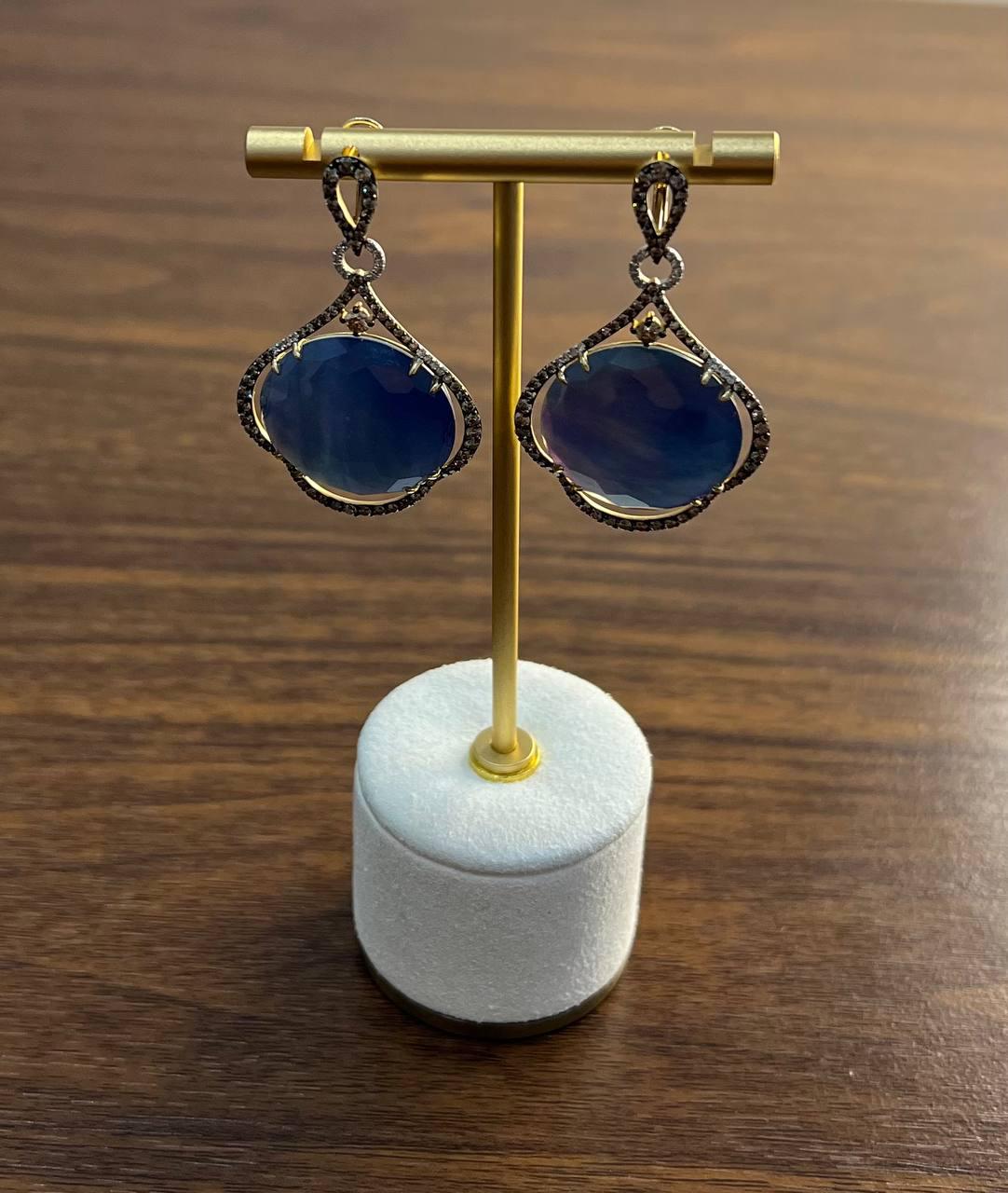 Round Ocean Blue Larimar 14K Yellow Gold Statement Unique Earrings
