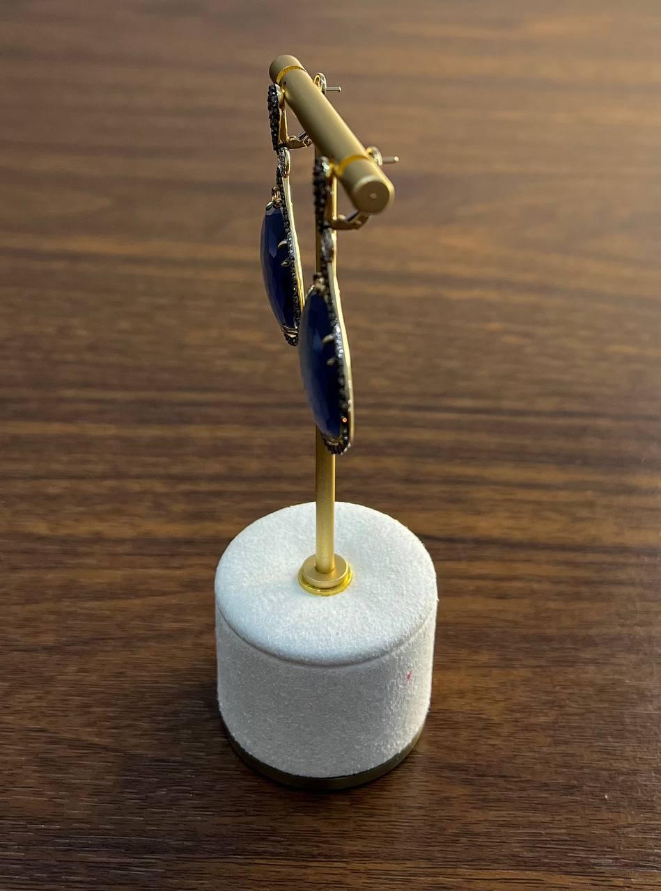 Round Ocean Blue Larimar 14K Yellow Gold Statement Unique Earrings