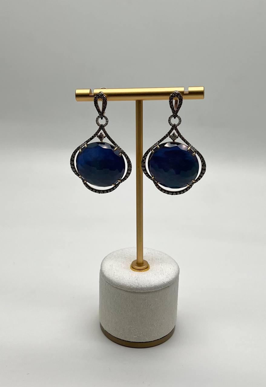 Round Ocean Blue Larimar 14K Yellow Gold Statement Unique Earrings