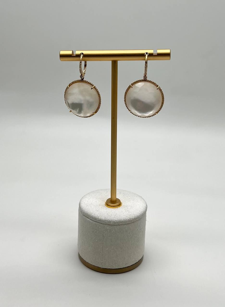 Round Shape Faceted White Mother of Pearl 14K Yellow Gold Diamond Halo Ring