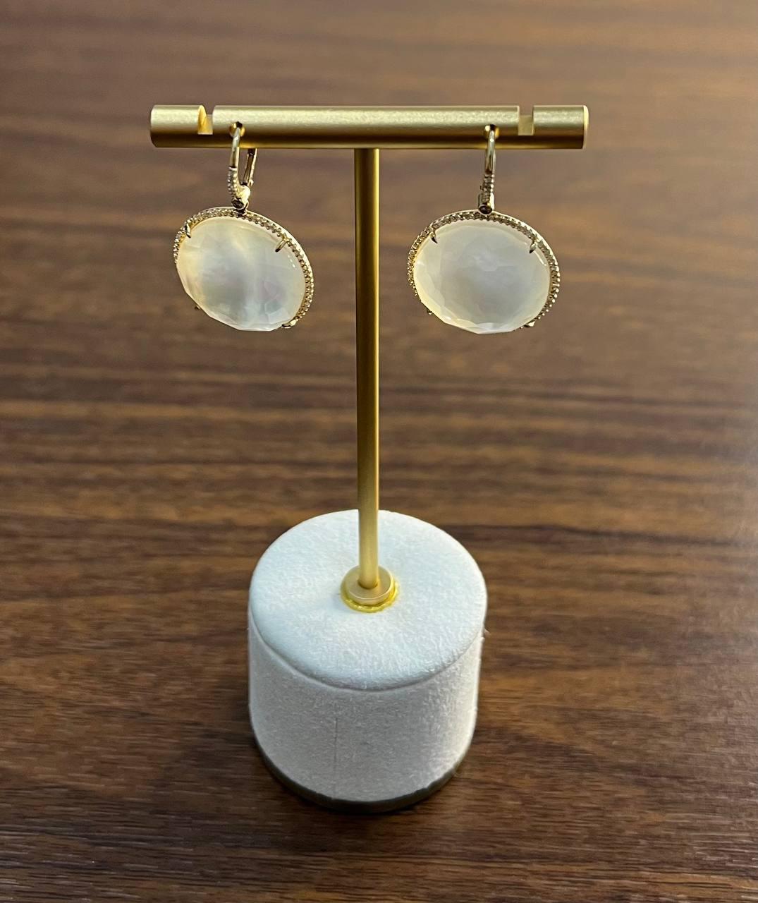 Round Shape Faceted White Mother of Pearl 14K Yellow Gold Diamond Halo Ring