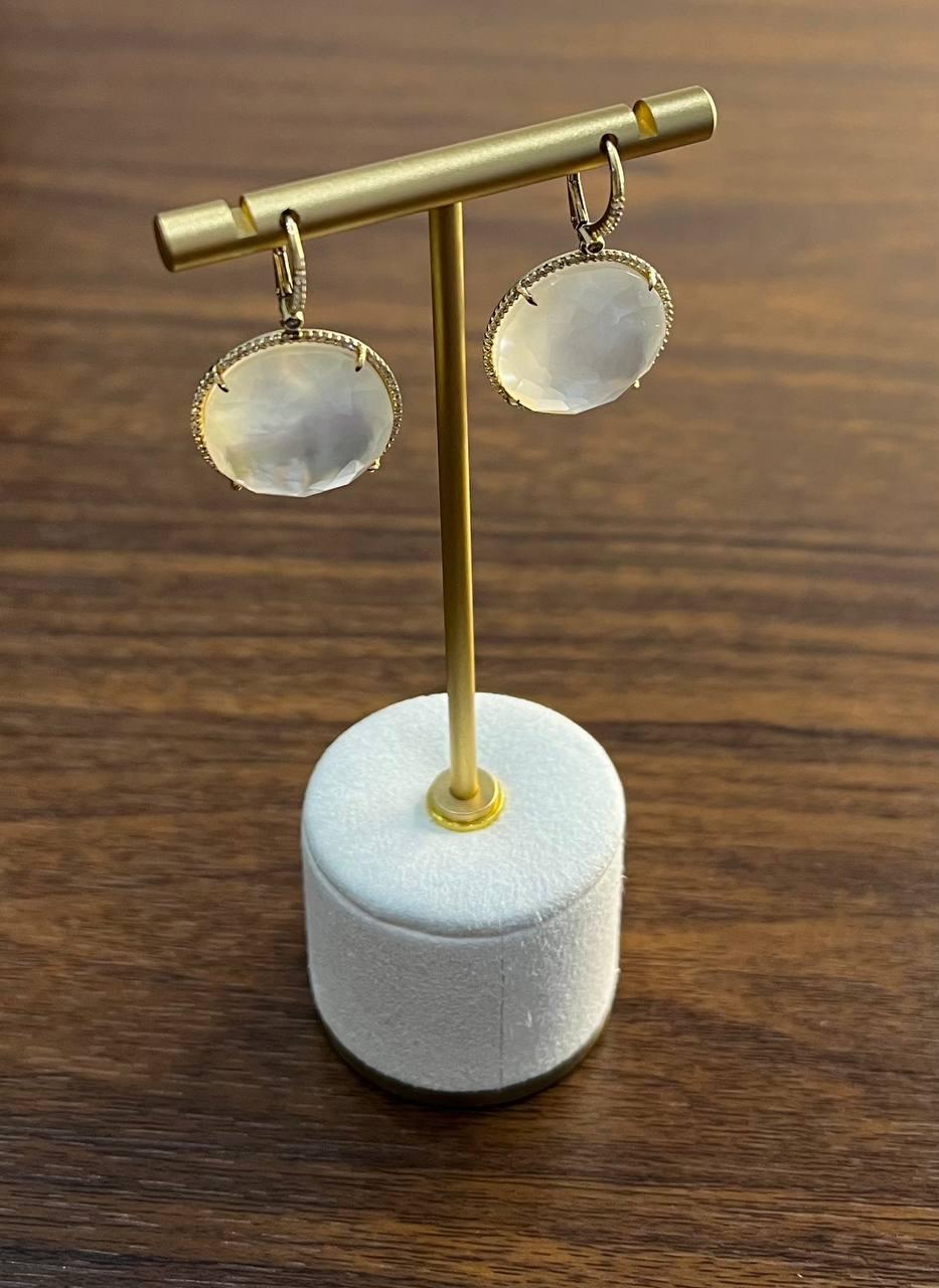 Round Shape Faceted White Mother of Pearl 14K Yellow Gold Diamond Halo Ring