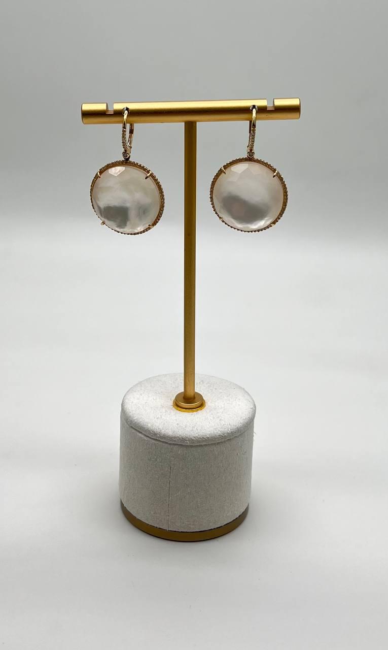 Round Shape Faceted White Mother of Pearl 14K Yellow Gold Diamond Halo Ring