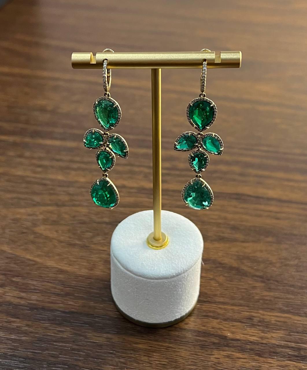 Green Emerald Diamond Halo 14K Yellow Gold Drop Statement Dangling Earrings