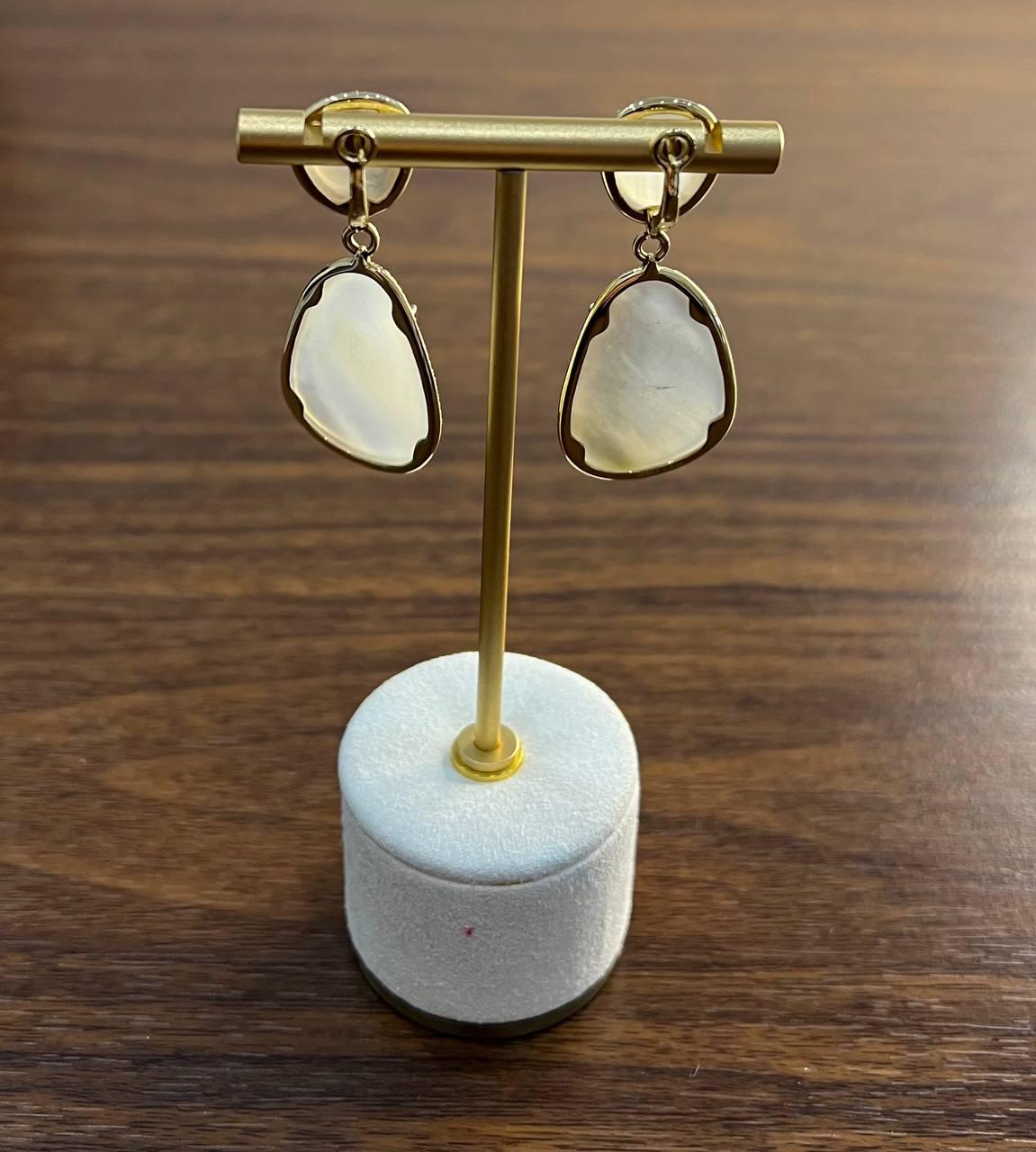 White Mother of Pearl White Diamonds Halo 14K Yellow Gold Statement Earrings